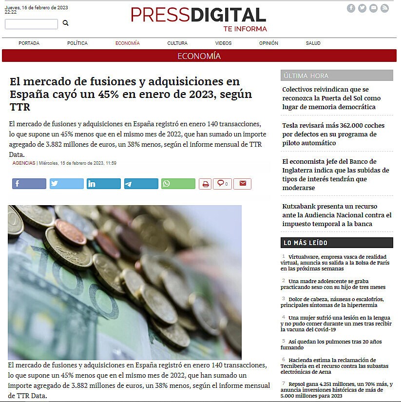 El mercado de fusiones y adquisiciones en Espaa cay un 45% en enero de 2023, segn TTR